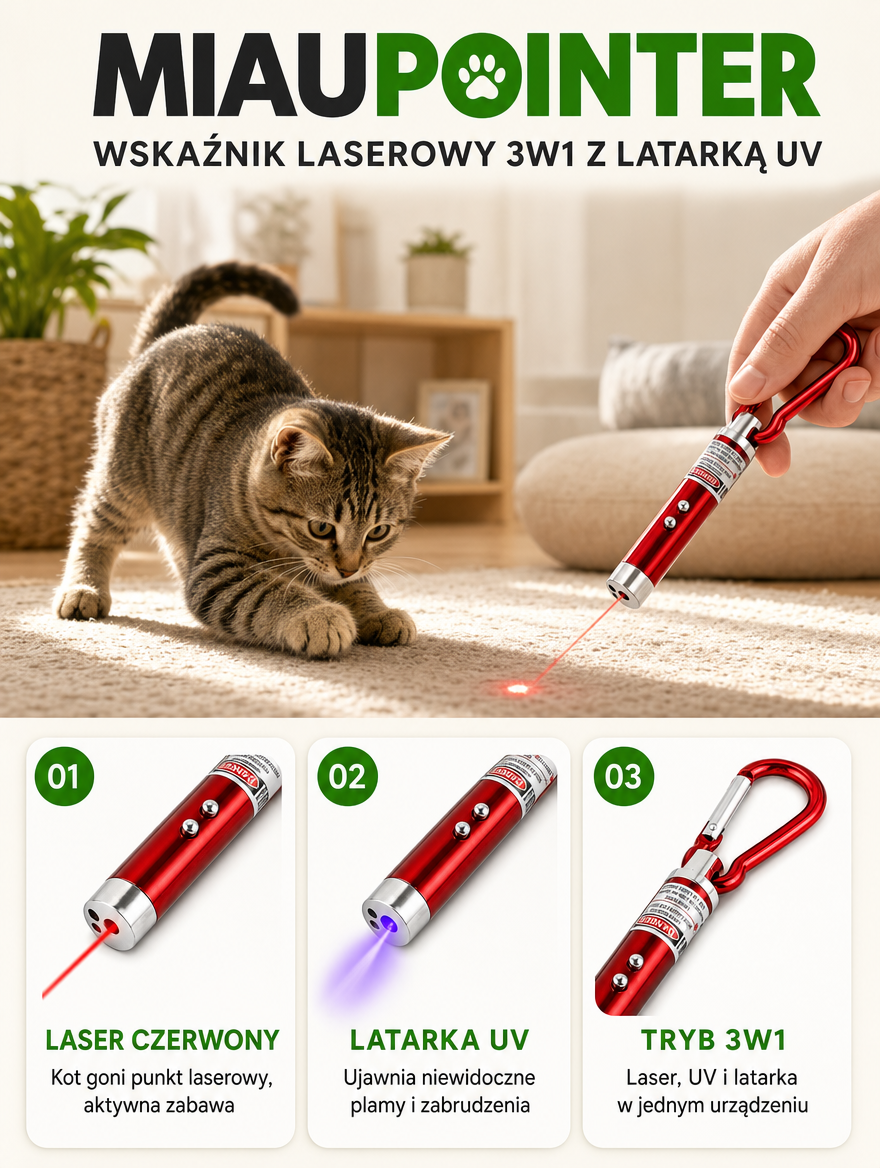 Miaupointer - wskaźnik laserowy 3w1 z latarką UV | Nekoro