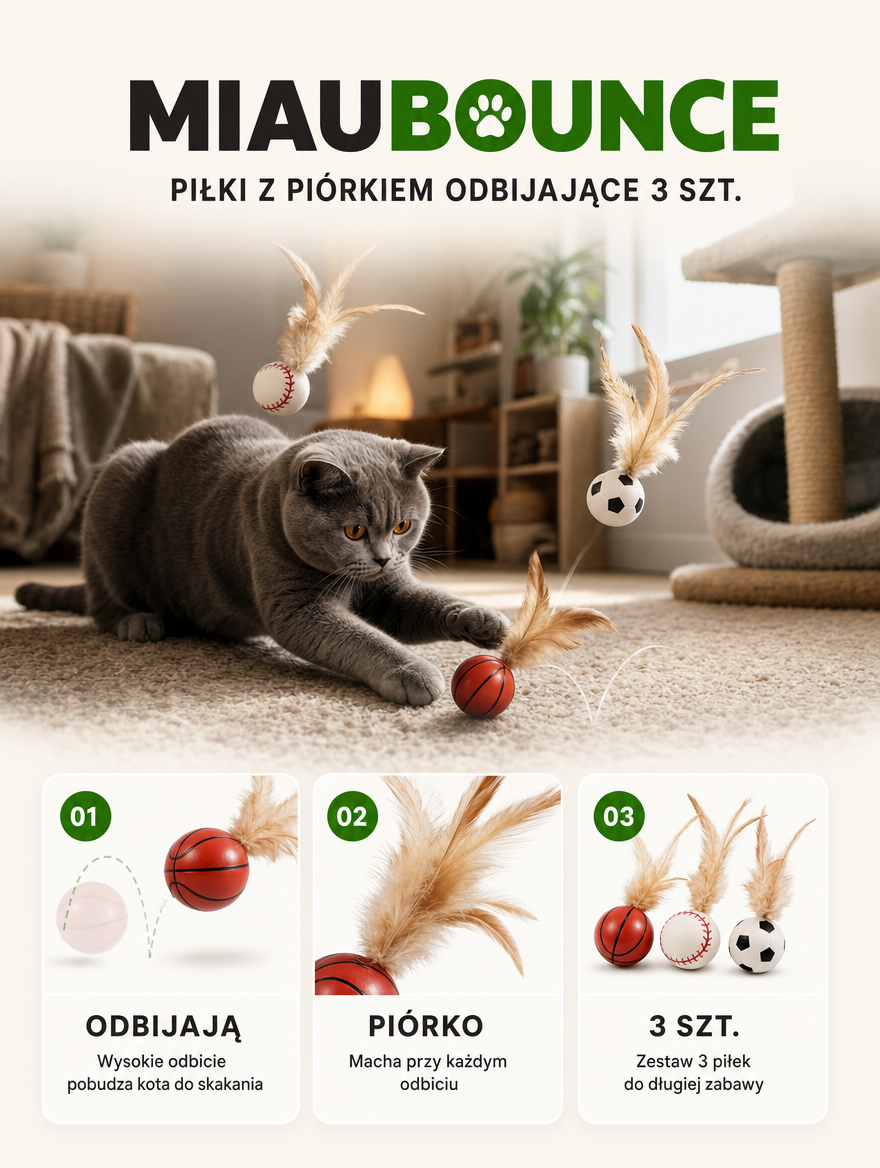 Miaubounce - odbijające piłki z piórkiem 3 szt. | Nekoro