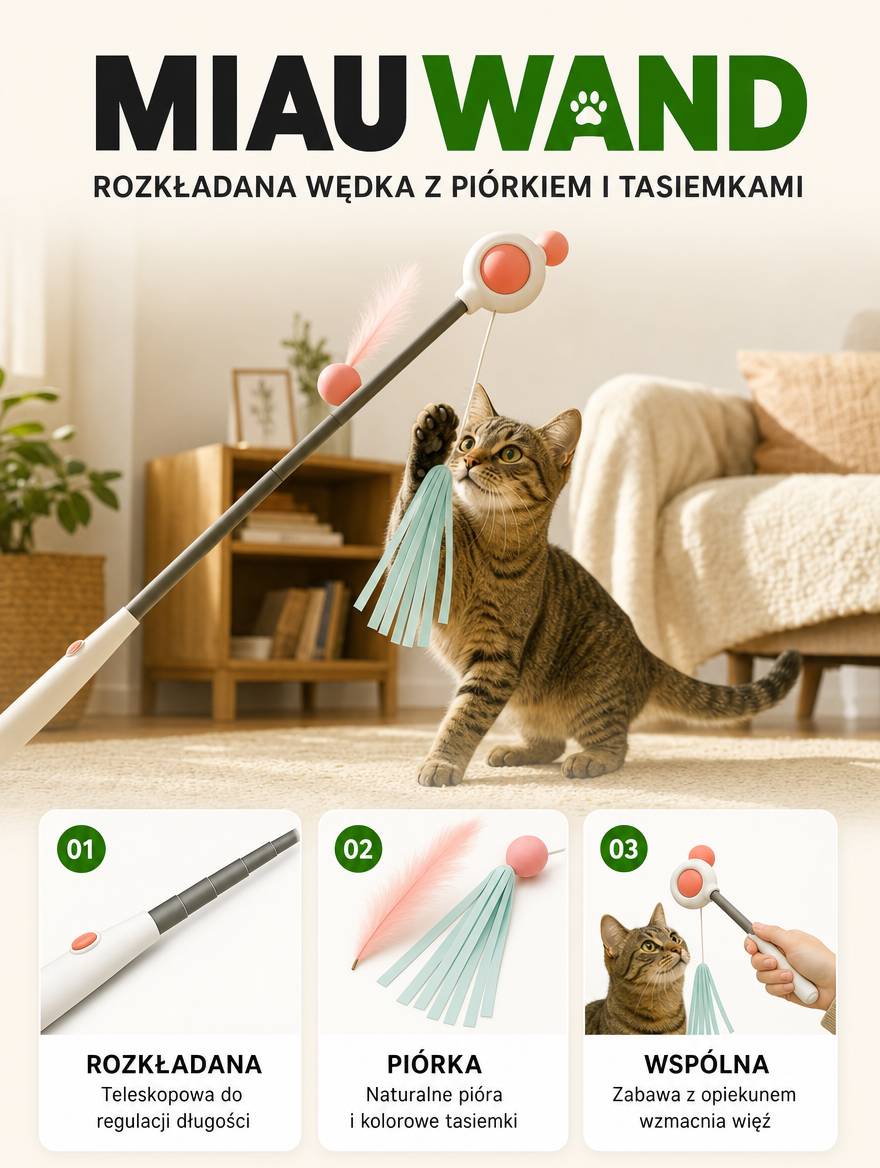 Miauwand - rozkładana wędka z piórkiem i tasiemkami | Nekoro
