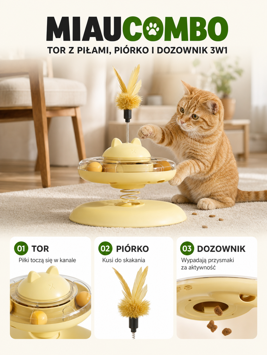 Miaucombo - tor z piłami, piórko i dozownik 3w1 | Nekoro