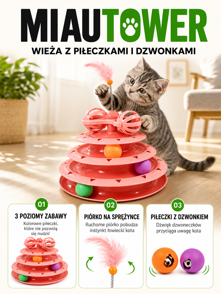 Miautower - wieża z piłeczkami i dzwonkami dla kota | Nekoro