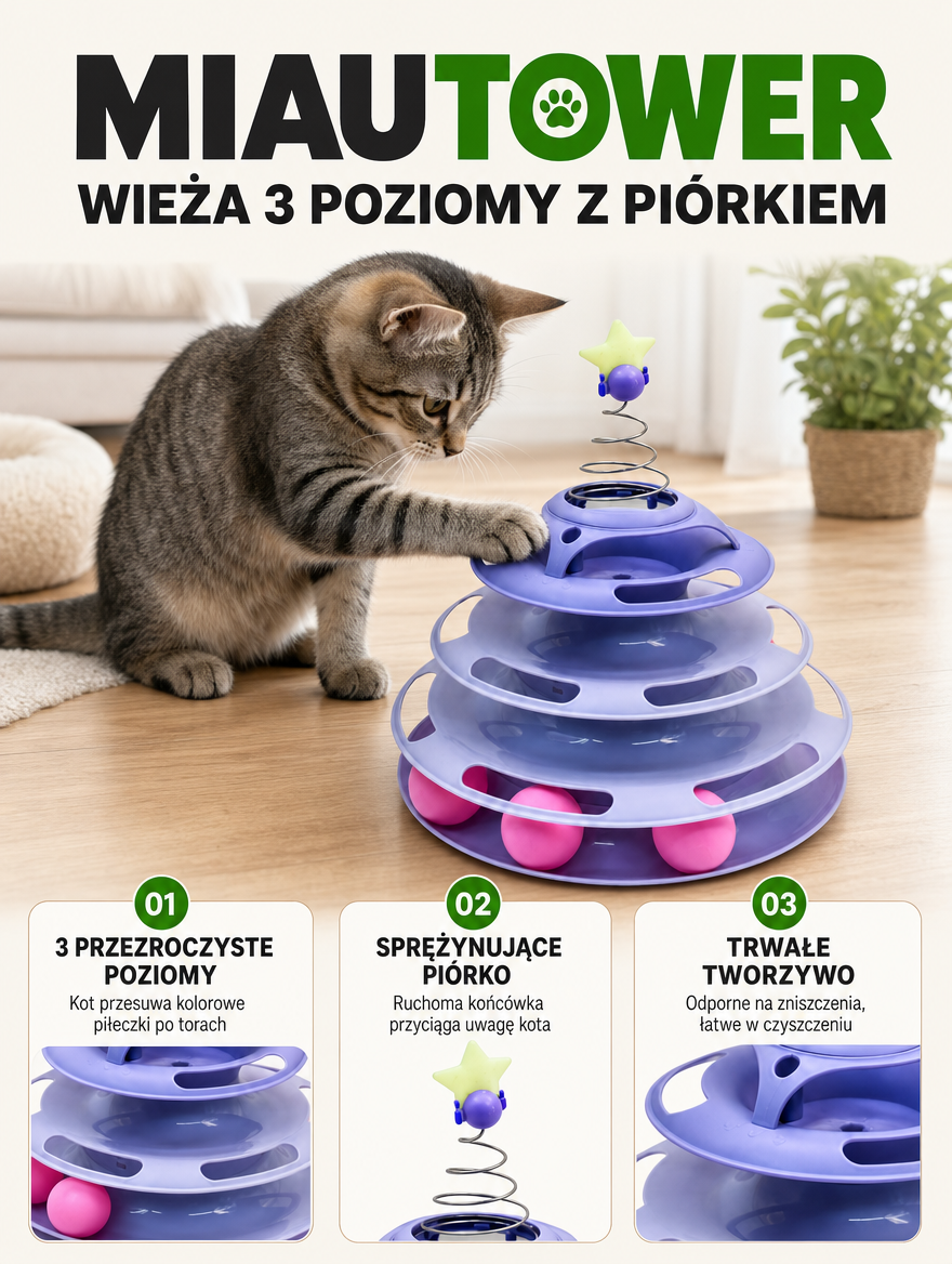 Miautower - wieża z piłeczkami 3 poziomy z piórkiem | Nekoro