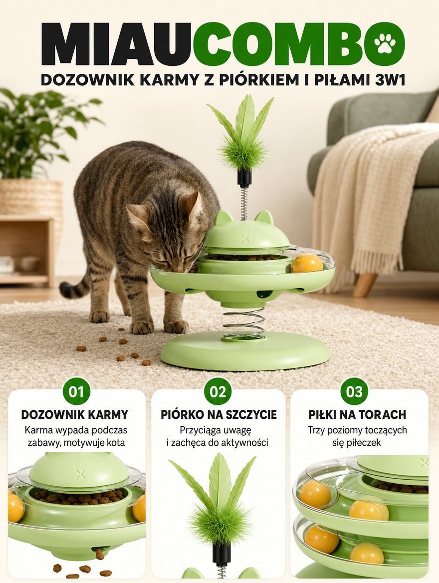 Miaucombo - dozownik karmy z piórkiem i piłami 3w1 | Nekoro