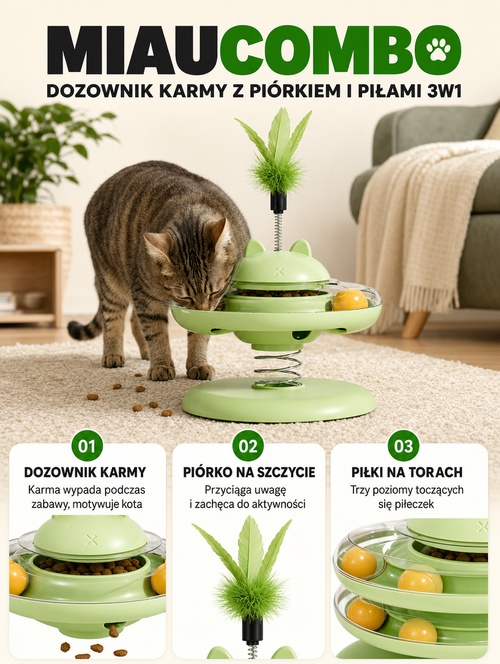 Miaucombo - dozownik karmy z piórkiem i piłami 3w1 | Nekoro