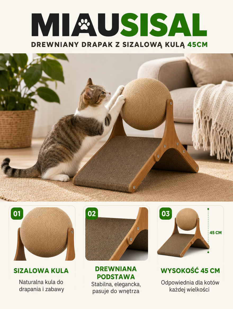 Miausisal - drewniany drapak z sizalową kulą 45cm | Nekoro
