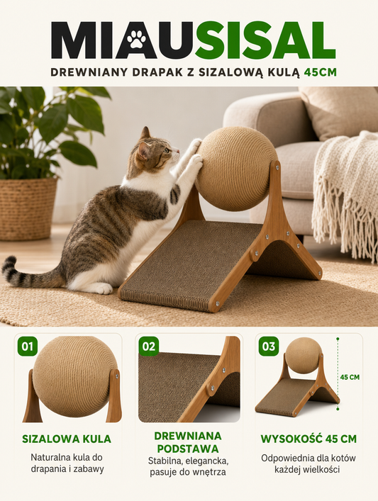 Miausisal - drewniany drapak z sizalową kulą 45cm | Nekoro