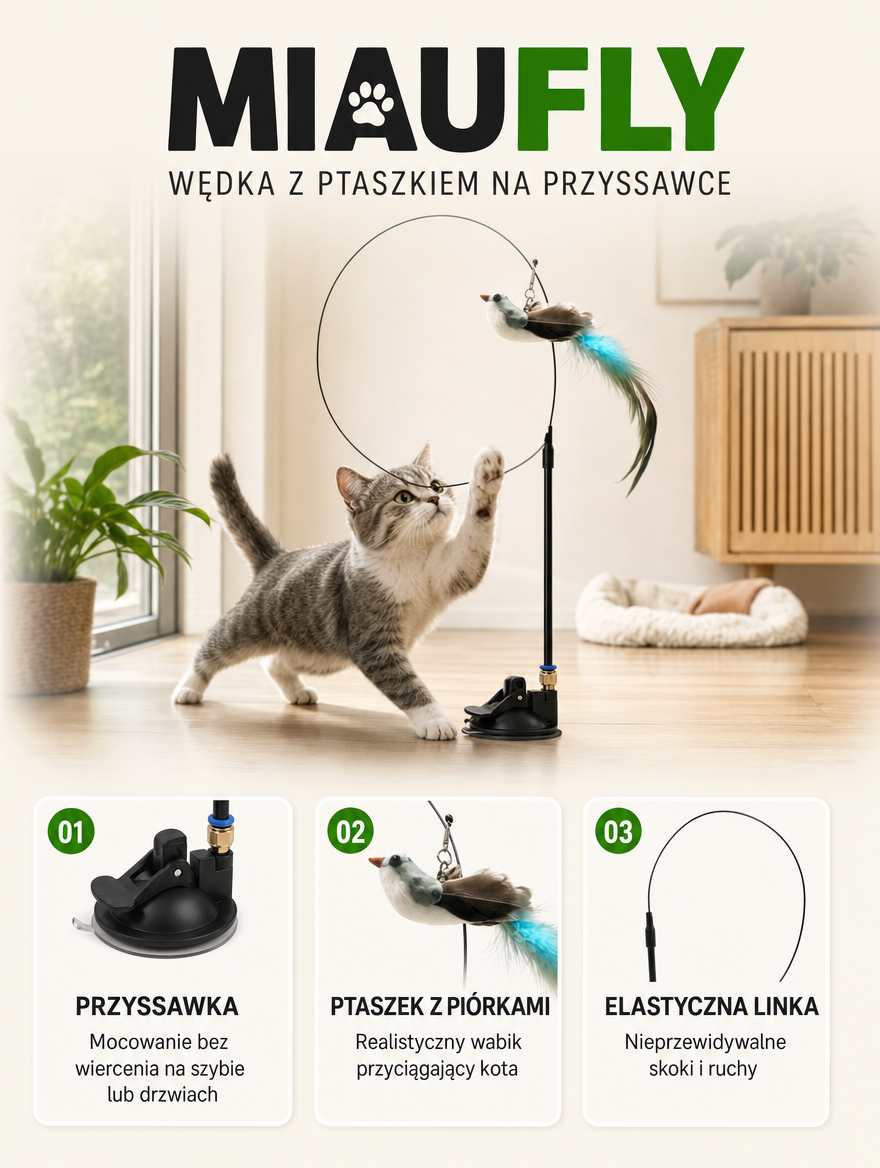 Miaufly - wędka z ptaszkiem na przyssawce | Nekoro
