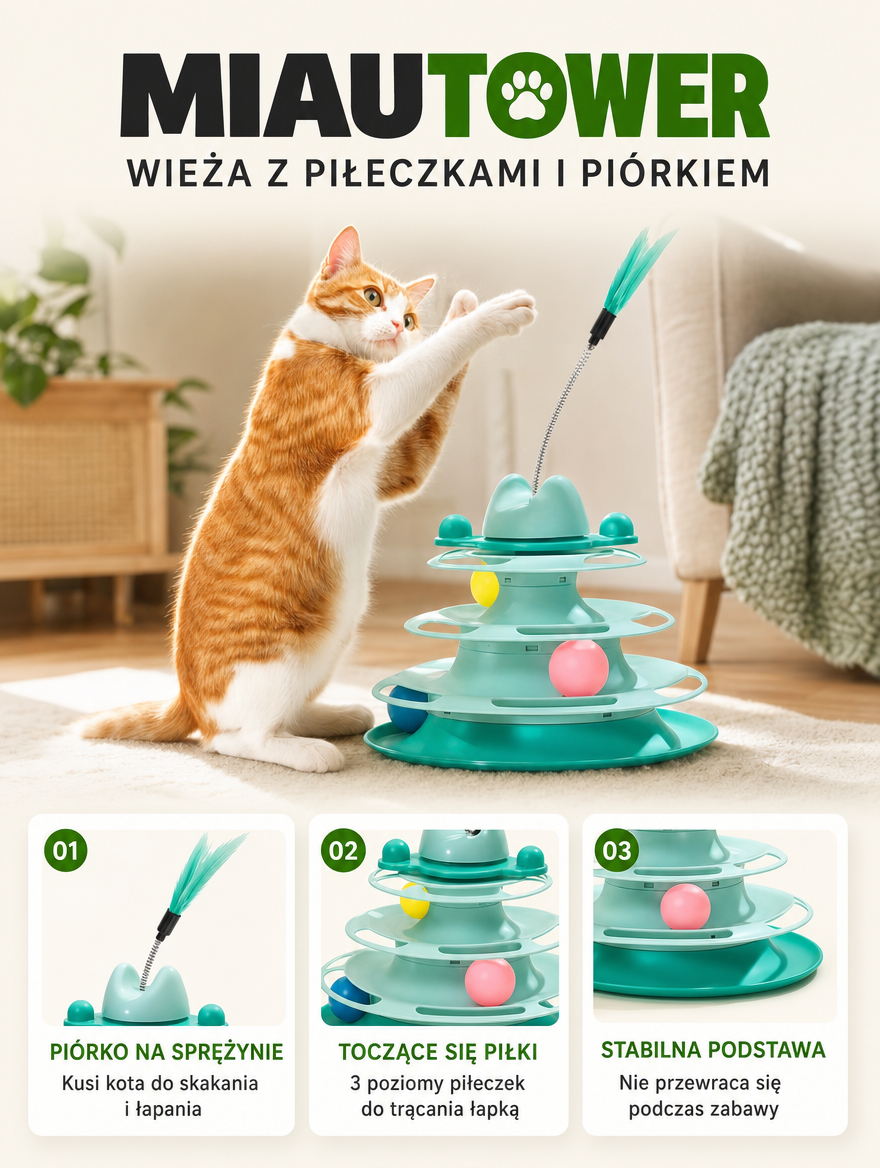 Miautower - wieża z piłeczkami i piórkiem | Nekoro
