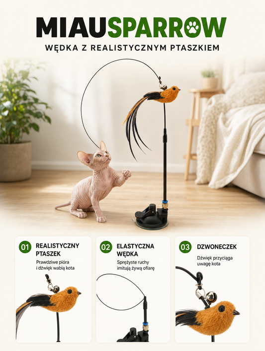 Miausparrow - wędka z realistycznym ptaszkiem | Nekoro