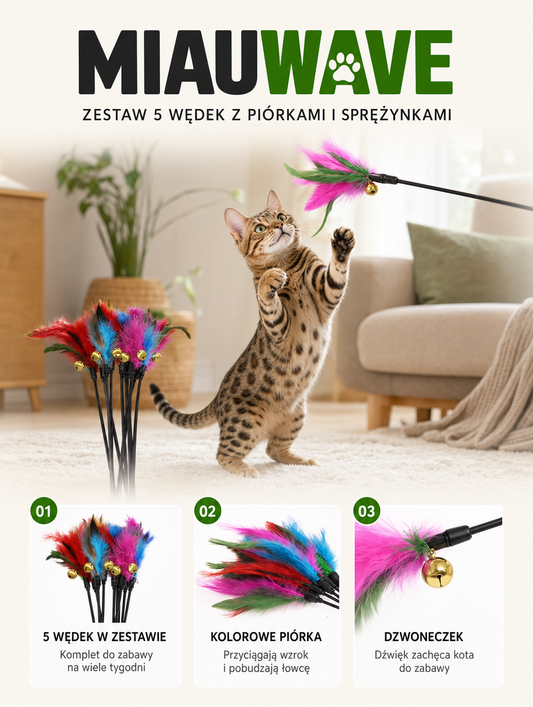 Miauwave - zestaw 5 wędek z piórkami i sprężynkami | Nekoro