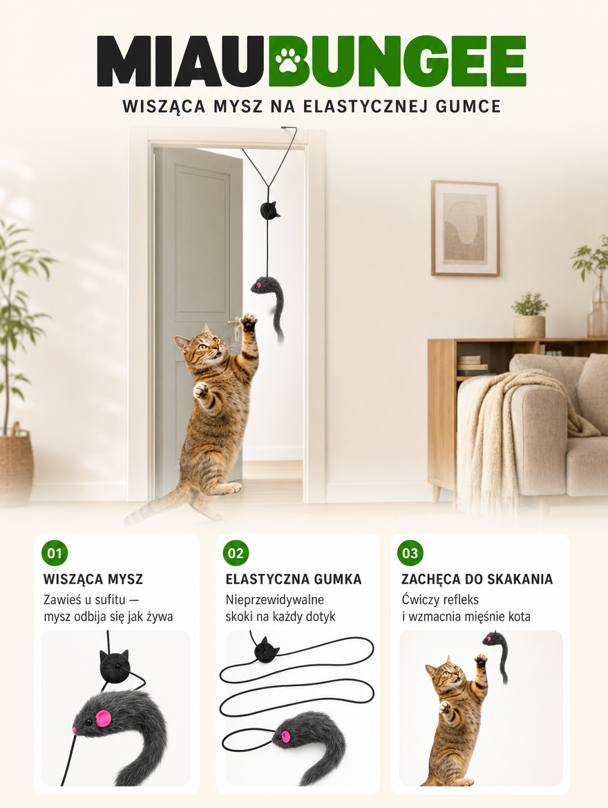 Miaubungee - wisąca mysz na elastycznej gumce | Nekoro