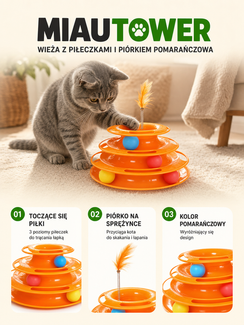 Miautower - wieża z piłeczkami i piórkiem pomarańczowa | Nekoro