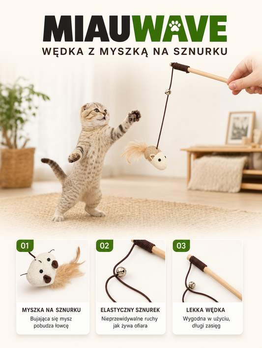 Miauwave - wędka z myszką na sznurku | Nekoro