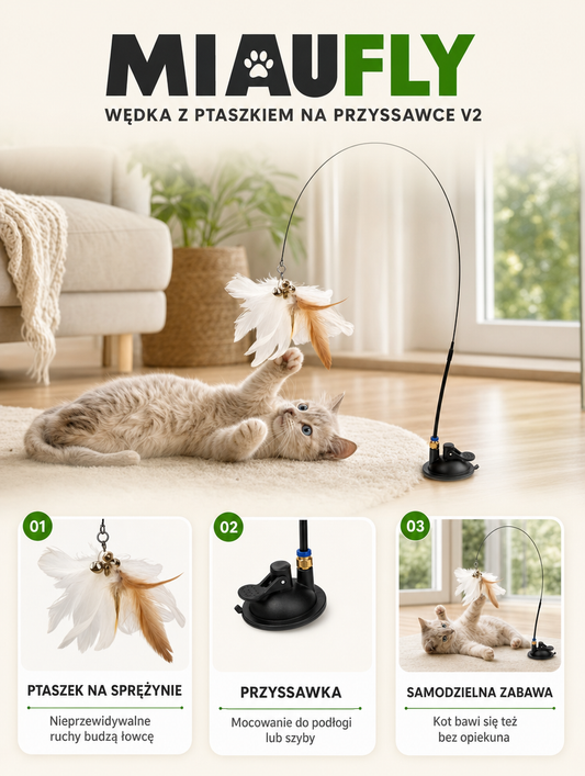 Miaufly v2 - wędka z ptaszkiem na przyssawce | Nekoro