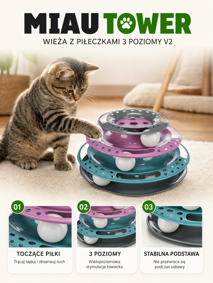 Miautower - wieża z piłeczkami 3 poziomy v2 | Nekoro