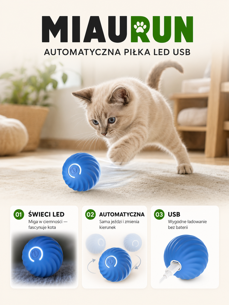 Miaurun - automatyczna piłka LED USB | Nekoro