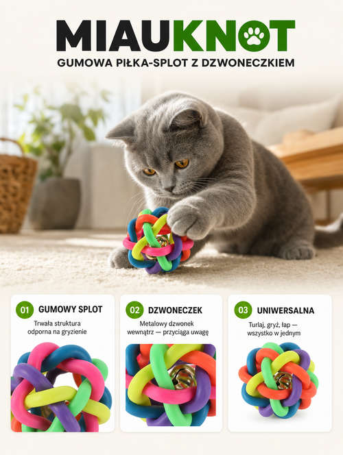 Miauknot - gumowa piłka-splot z dzwoneczkiem | Nekoro