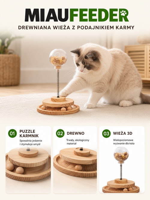 Miaufeeder - drewniana wieża z podajnikiem karmy | Nekoro