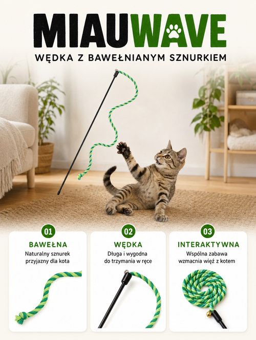 Miauwave - wędka z bawełnianym sznurkiem | Nekoro