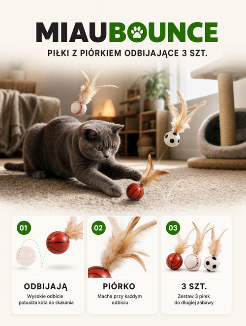 Miaubounce - odbijające piłki z piórkiem 3 szt. | Nekoro