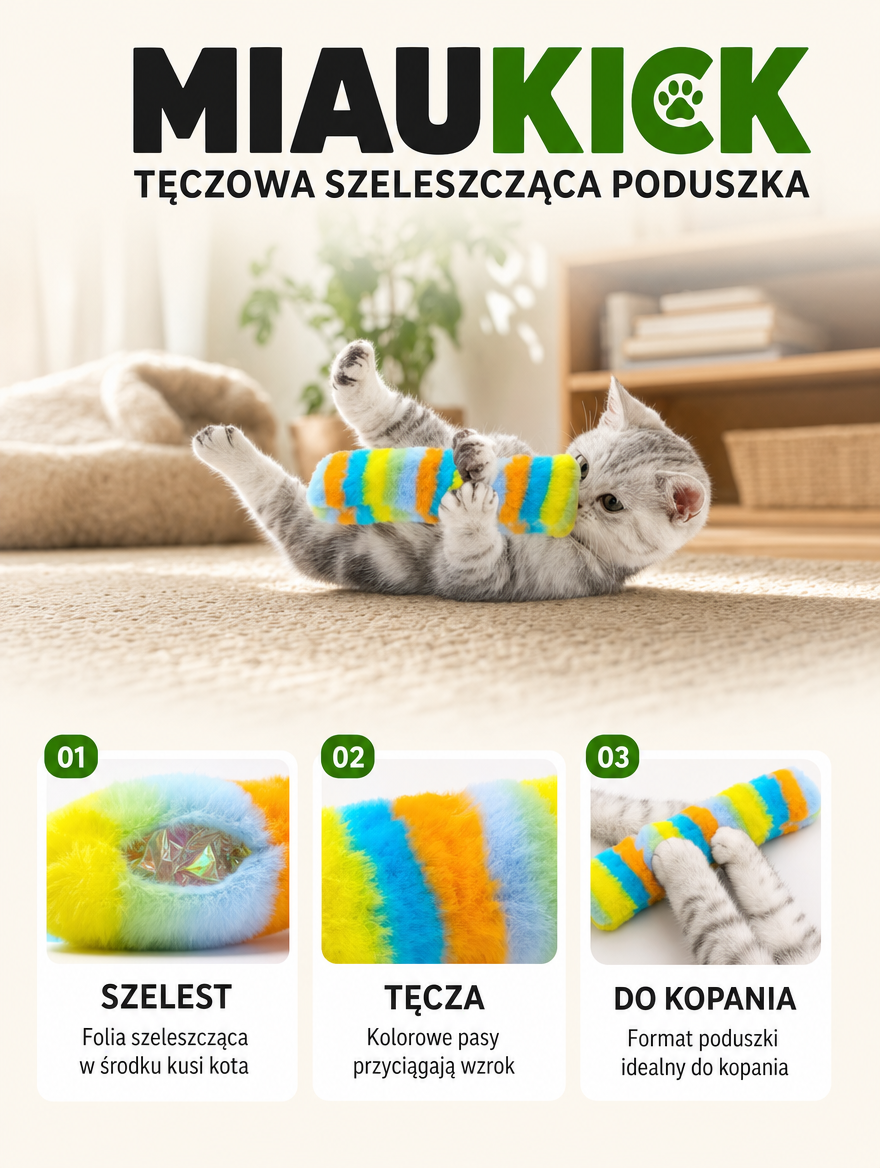 Miaukick - tęczowa szeleszcząca poduszka do kopania | Nekoro