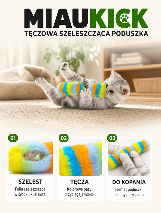 Miaukick - tęczowa szeleszcząca poduszka do kopania | Nekoro