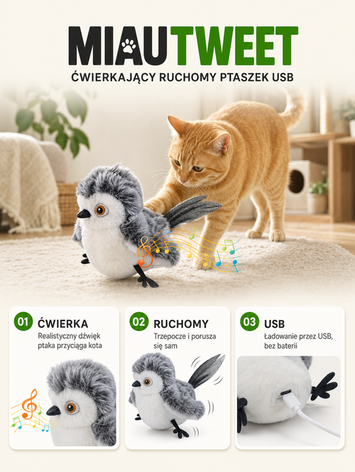 Miautweet - ćwierkający ruchomy ptaszek USB | Nekoro