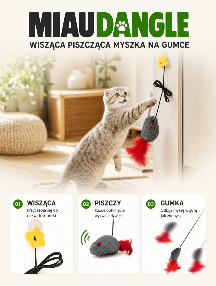 Miaudangle - wisząca piszcząca myszka na gumce | Nekoro