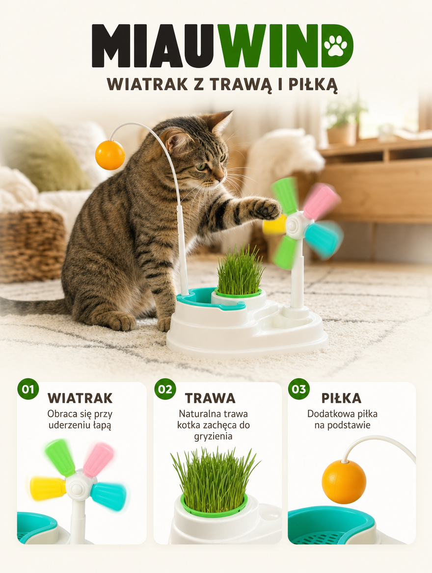 Miauwind - wiatrak z trawą i piłką | Nekoro