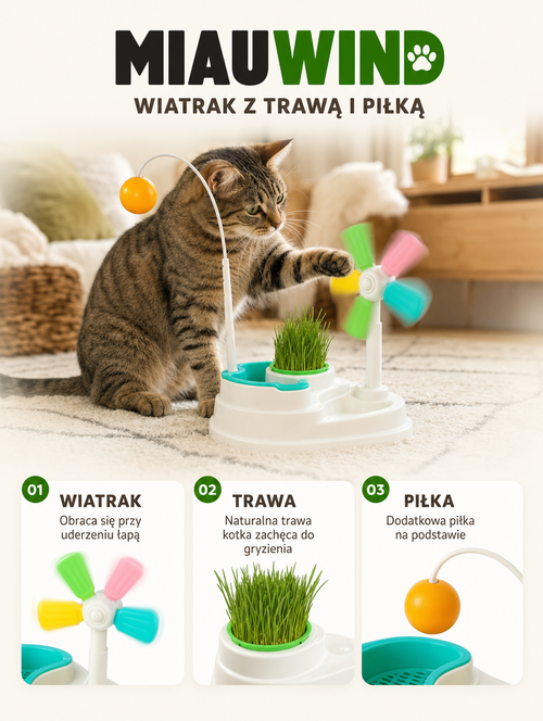 Miauwind - wiatrak z trawą i piłką | Nekoro