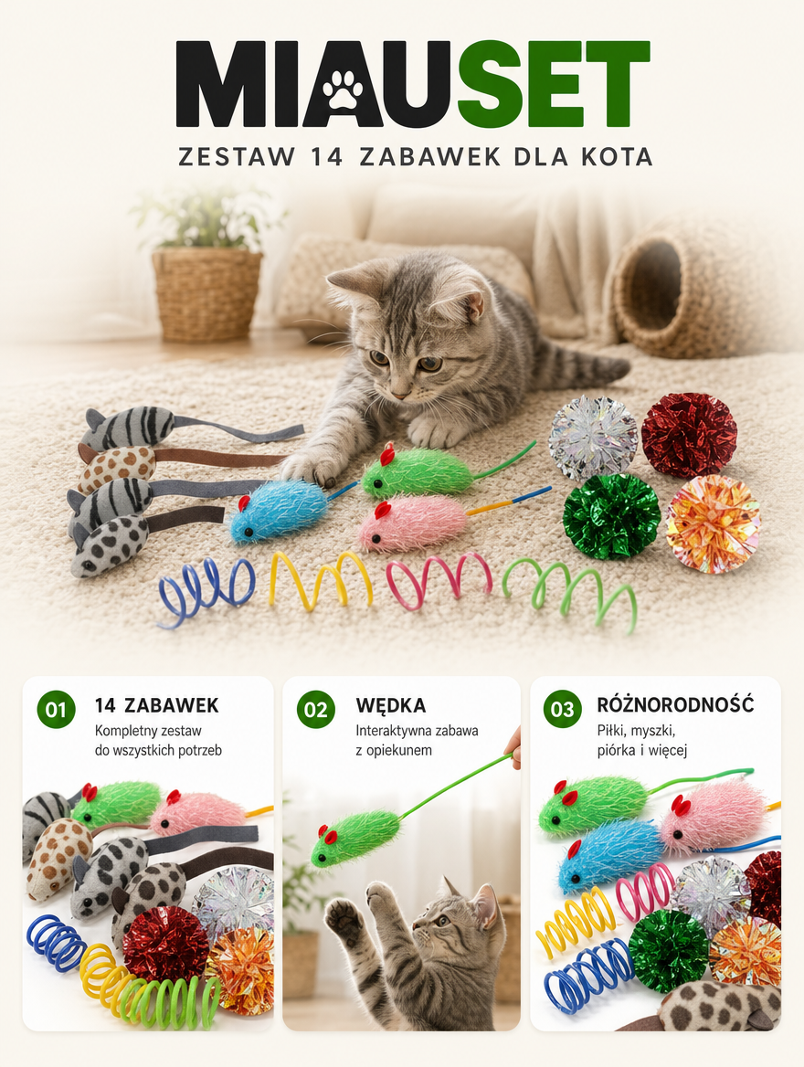 Miauset - zestaw 14 zabawek dla kota | Nekoro