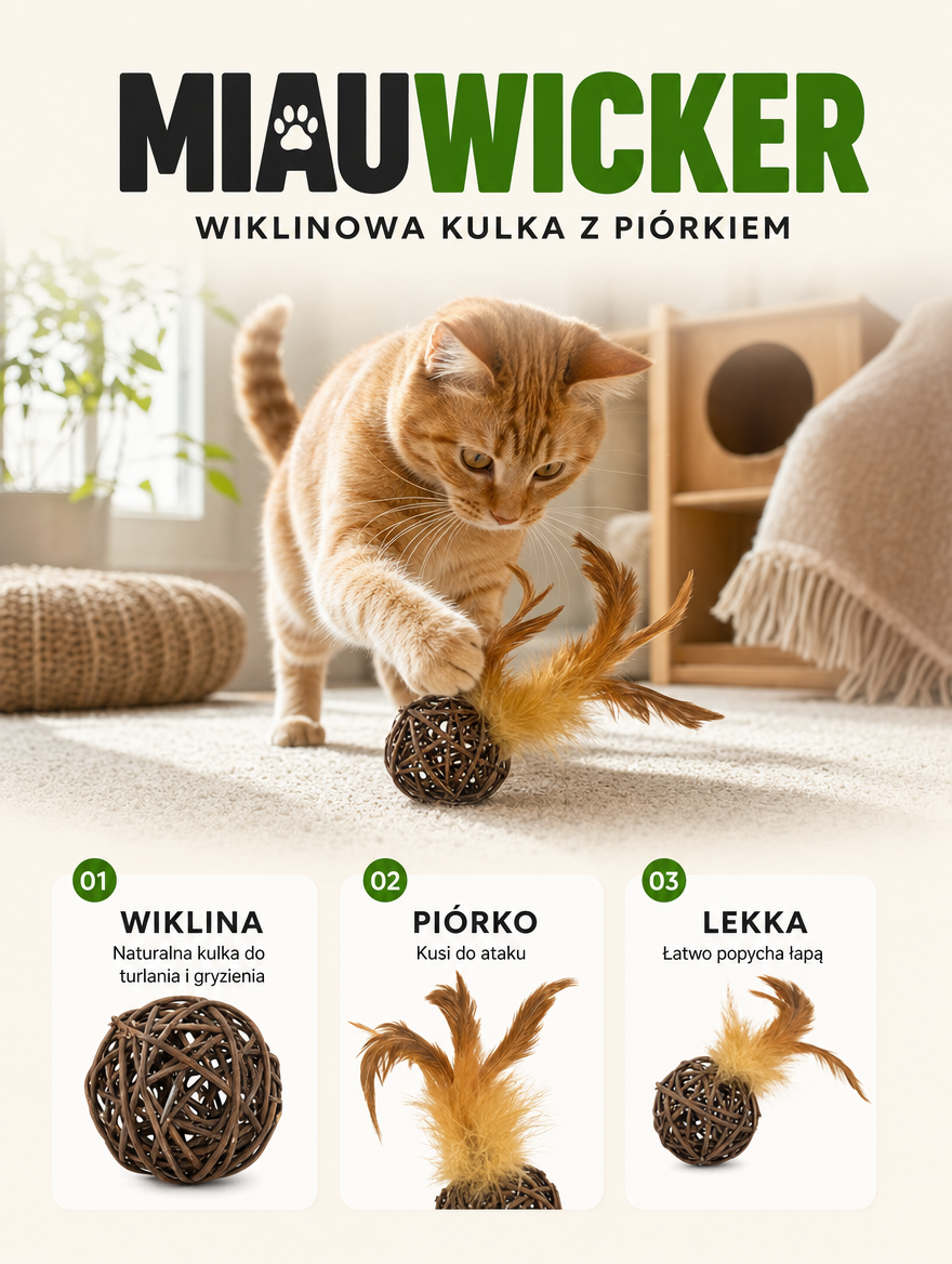 Miauwicker - wiklinowa kulka z piórkiem | Nekoro