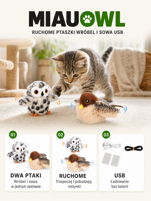 Miauowl - ruchome ptaszki wróbel i sowa USB | Nekoro