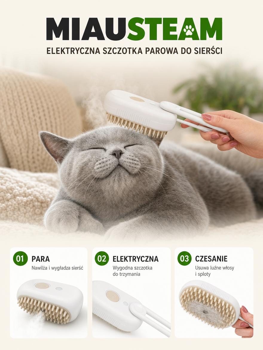 Miausteam - elektryczna szczotka parowa do sierści | Nekoro