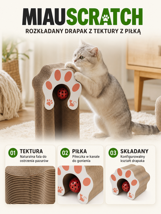 Miauscratch - rozkładany drapak z tektury z piłką | Nekoro