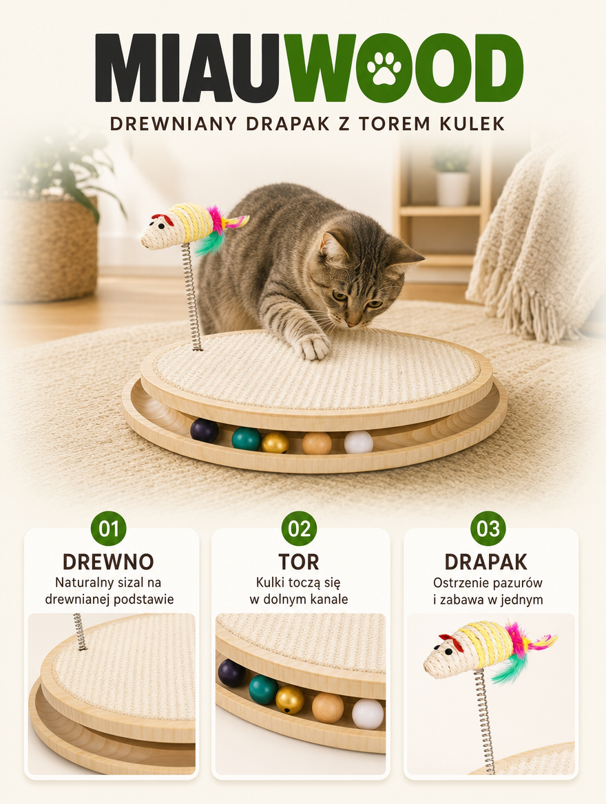 Miauwood - drewniany drapak z torem kulek | Nekoro