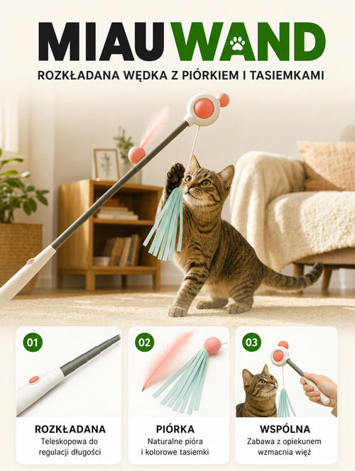 Miauwand - rozkładana wędka z piórkiem i tasiemkami | Nekoro