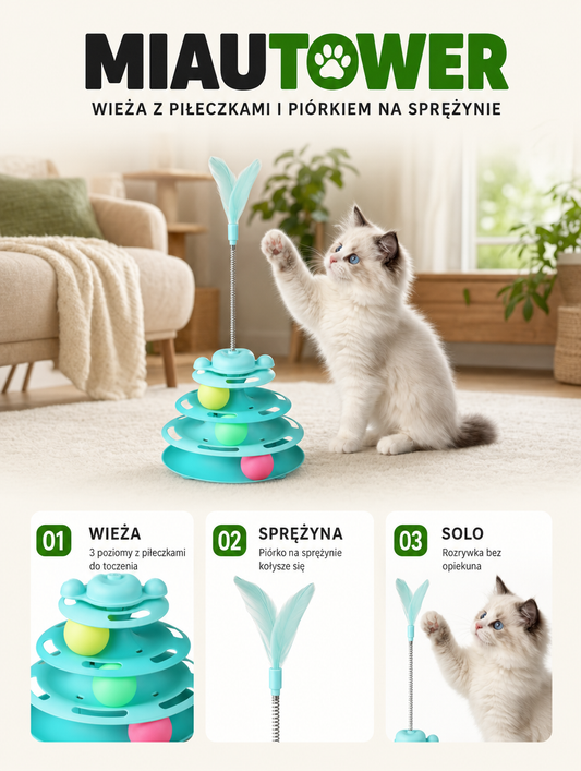 Miautower - wieża z piłeczkami i piórkiem na sprężynie | Nekoro