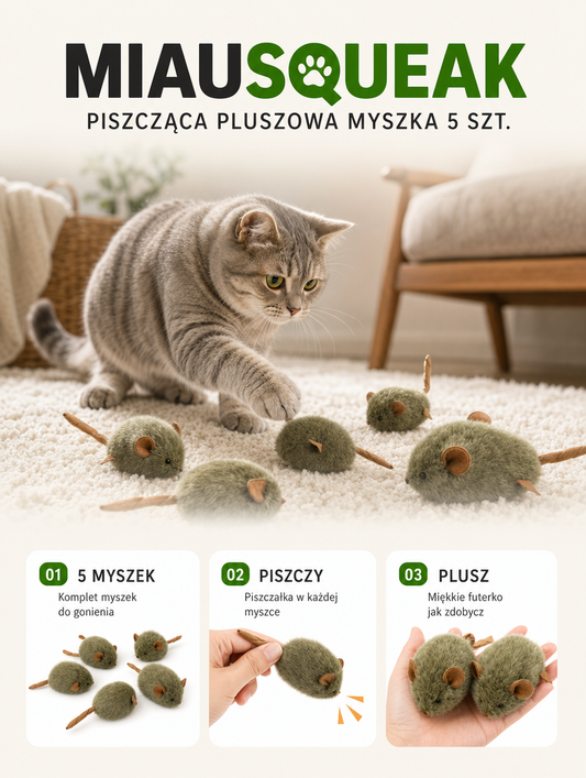 Miausqueak - piszcząca pluszowa myszka 5 szt. | Nekoro